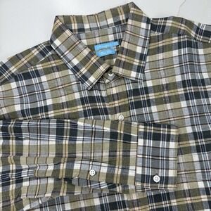 J McLaughlin Linen Blend Button Up Shirt Mens Large Green Blue Plaid Trim‎ Fit